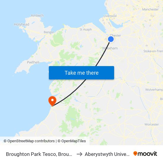 Broughton Park Tesco, Broughton to Aberystwyth University map