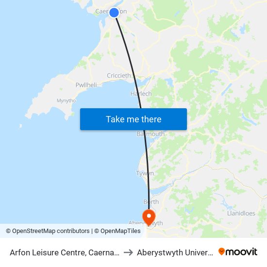Arfon Leisure Centre, Caernarfon to Aberystwyth University map