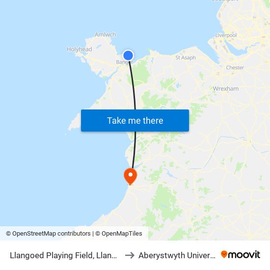 Llangoed Playing Field, Llangoed to Aberystwyth University map
