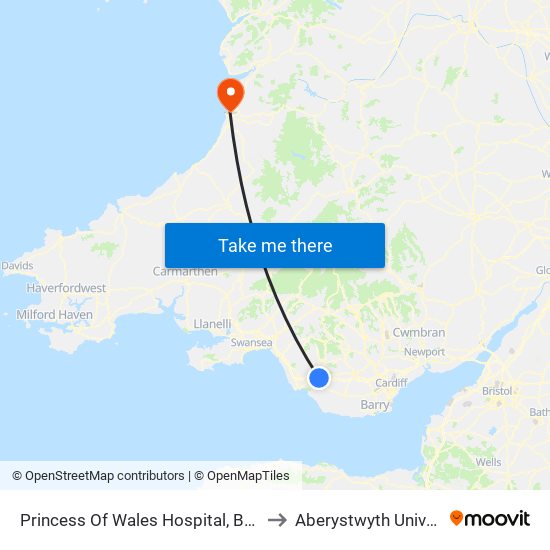 Princess Of Wales Hospital, Bridgend to Aberystwyth University map