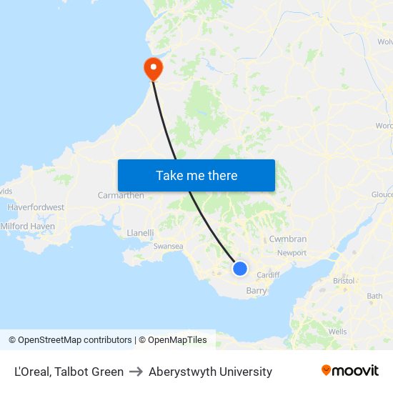 L'Oreal, Talbot Green to Aberystwyth University map