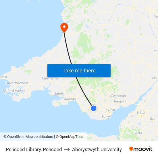 Pencoed Library, Pencoed to Aberystwyth University map