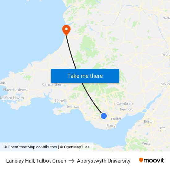 Lanelay Hall, Talbot Green to Aberystwyth University map