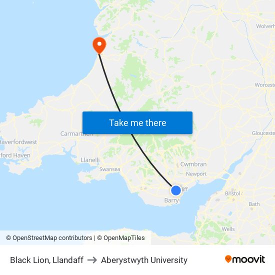 Black Lion, Llandaff to Aberystwyth University map