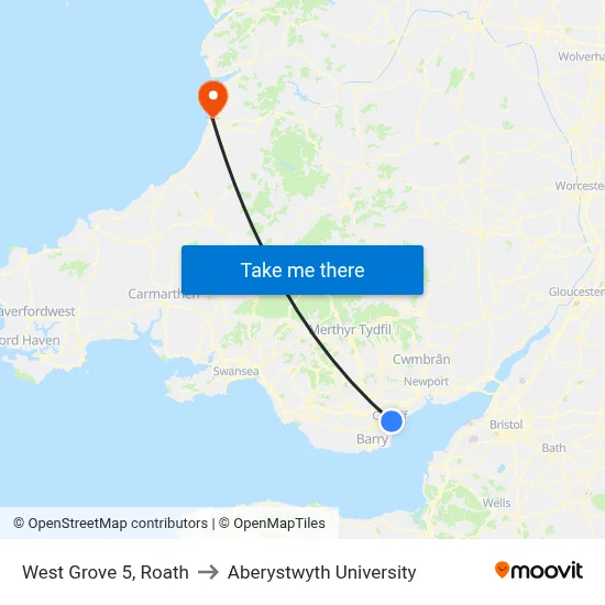 West Grove 5, Roath to Aberystwyth University map