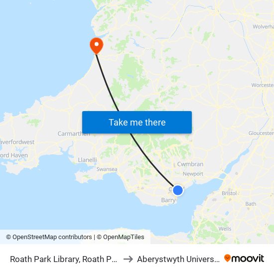 Roath Park Library, Roath Park to Aberystwyth University map