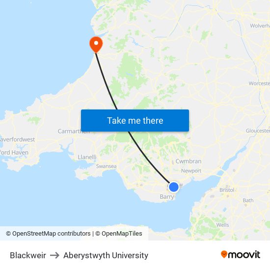 Blackweir to Aberystwyth University map