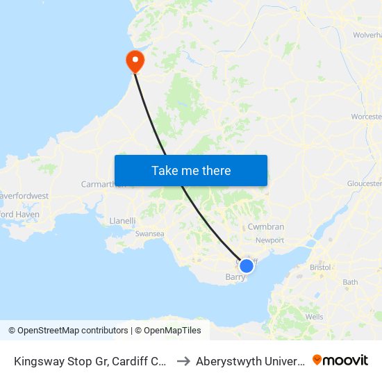 Kingsway Stop Gr, Cardiff Castle to Aberystwyth University map