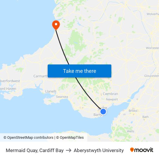 Mermaid Quay, Cardiff Bay to Aberystwyth University map