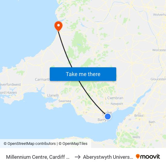 Millennium Centre, Cardiff Bay to Aberystwyth University map