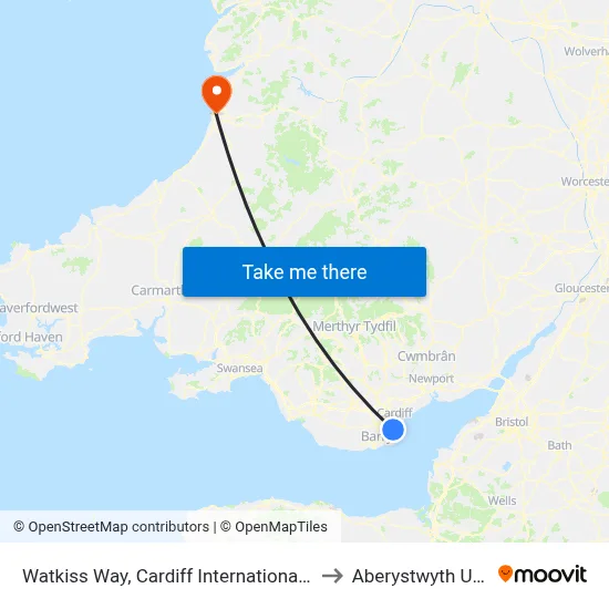 Watkiss Way, Cardiff International Sports Village to Aberystwyth University map