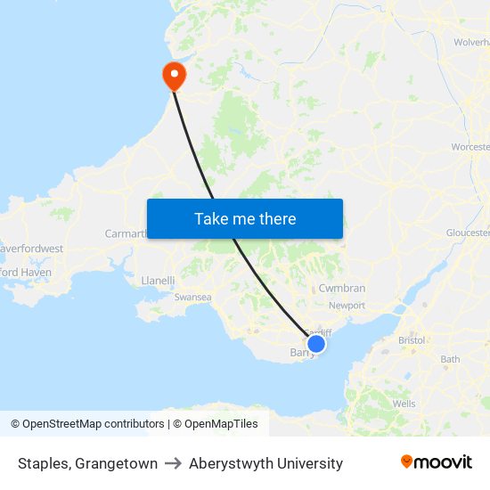 Staples, Grangetown to Aberystwyth University map