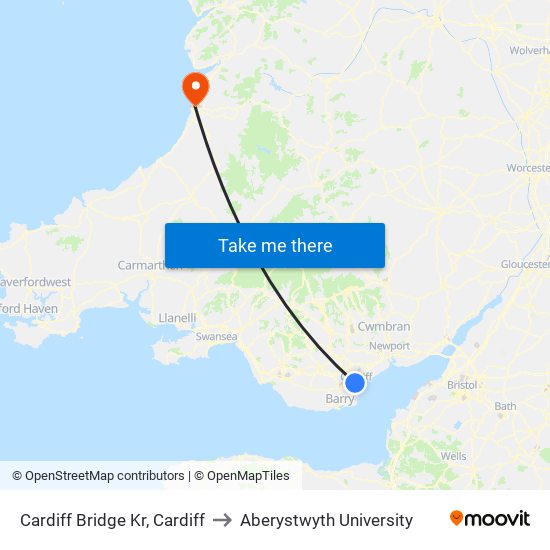 Cardiff Bridge Kr, Cardiff to Aberystwyth University map