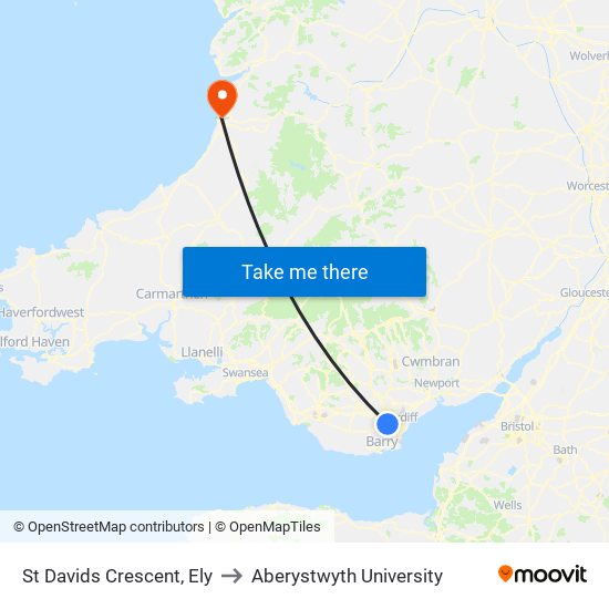 St Davids Crescent, Ely to Aberystwyth University map