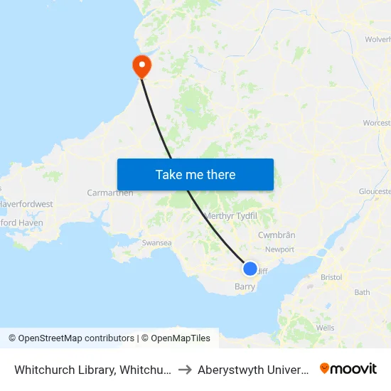 Whitchurch Library, Whitchurch to Aberystwyth University map