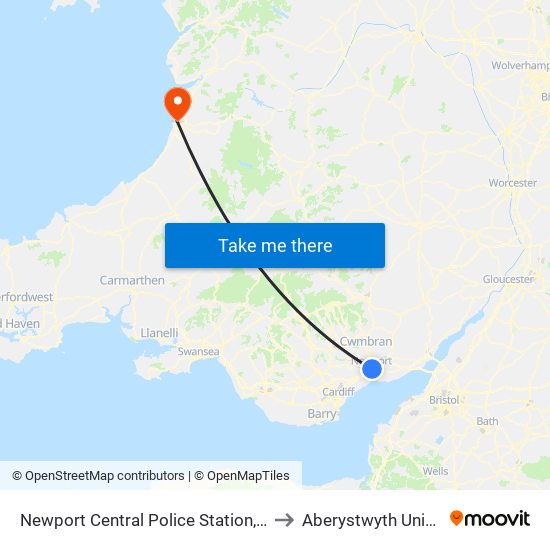 Newport Central Police Station, Newport to Aberystwyth University map