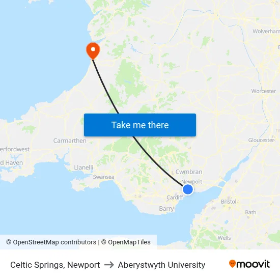 Celtic Springs, Newport to Aberystwyth University map
