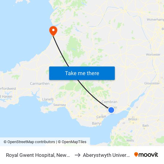 Royal Gwent Hospital, Newport to Aberystwyth University map