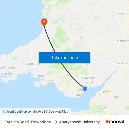 Tresigin Road, Trowbridge to Aberystwyth University map