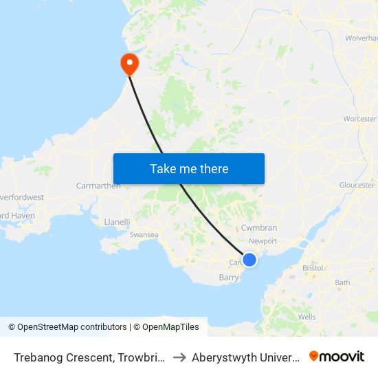 Trebanog Crescent, Trowbridge to Aberystwyth University map