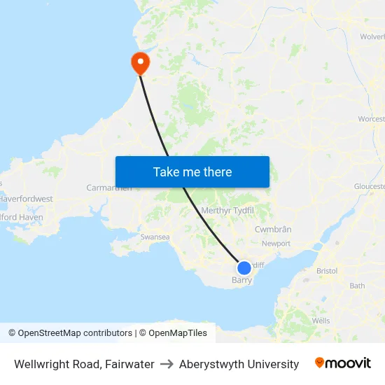 Wellwright Road, Fairwater to Aberystwyth University map