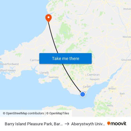 Barry Island Pleasure Park, Barry Island to Aberystwyth University map