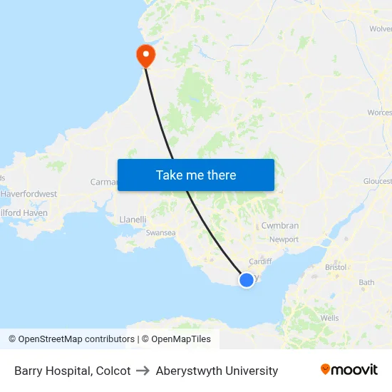 Barry Hospital, Colcot to Aberystwyth University map