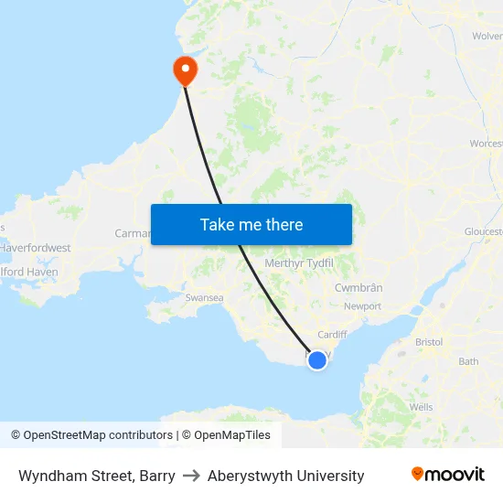 Wyndham Street, Barry to Aberystwyth University map