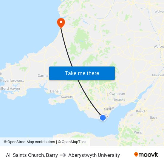 All Saints Church, Barry to Aberystwyth University map