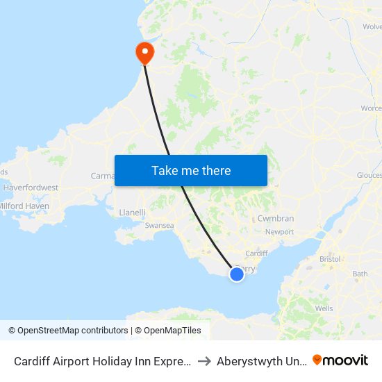 Cardiff Airport Holiday Inn Express, Tredogan to Aberystwyth University map