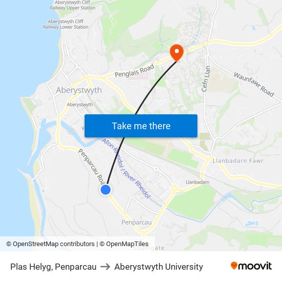 Plas Helyg, Penparcau to Aberystwyth University map