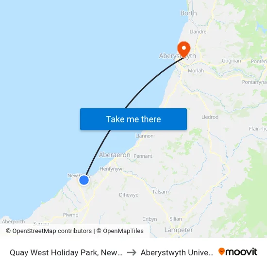 Quay West Holiday Park, New Quay to Aberystwyth University map
