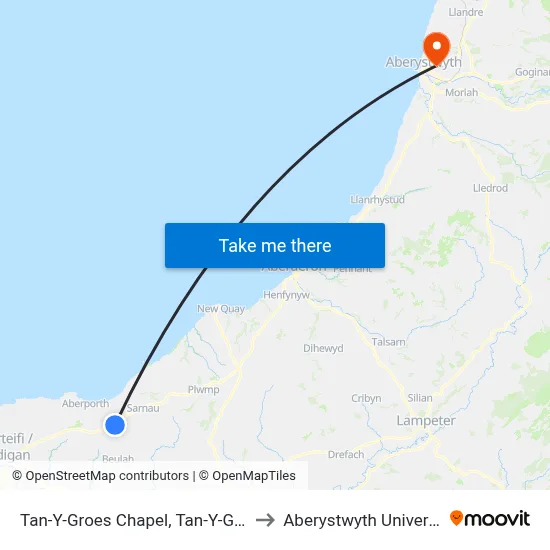 Tan-Y-Groes Chapel, Tan-Y-Groes to Aberystwyth University map