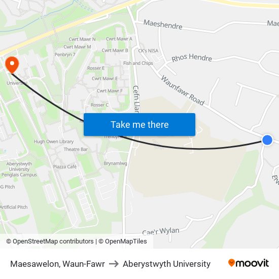 Maesawelon, Waun-Fawr to Aberystwyth University map