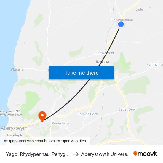 Ysgol Rhydypennau, Penygarn to Aberystwyth University map