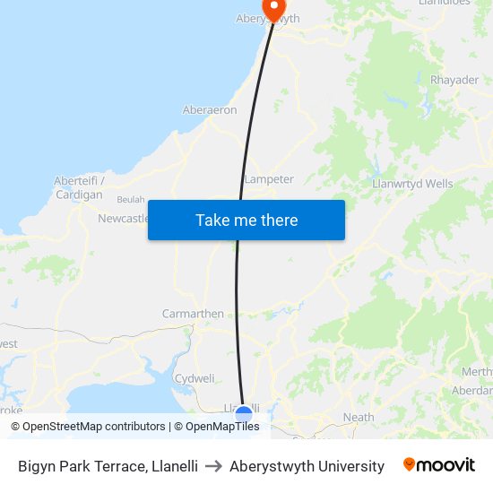 Bigyn Park Terrace, Llanelli to Aberystwyth University map