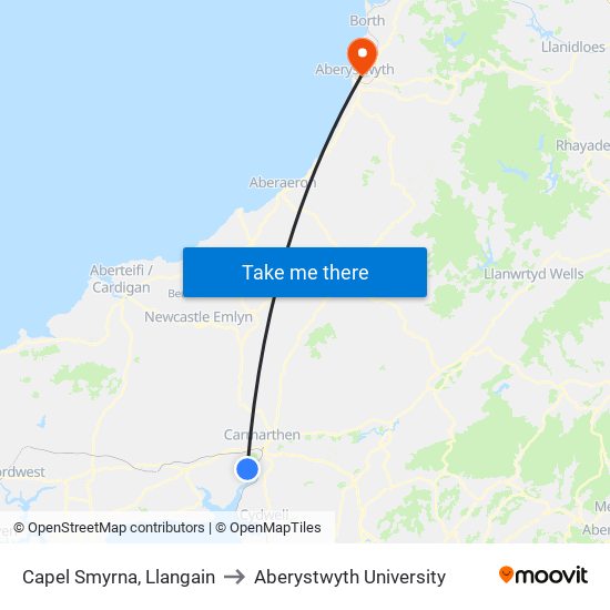 Capel Smyrna, Llangain to Aberystwyth University map