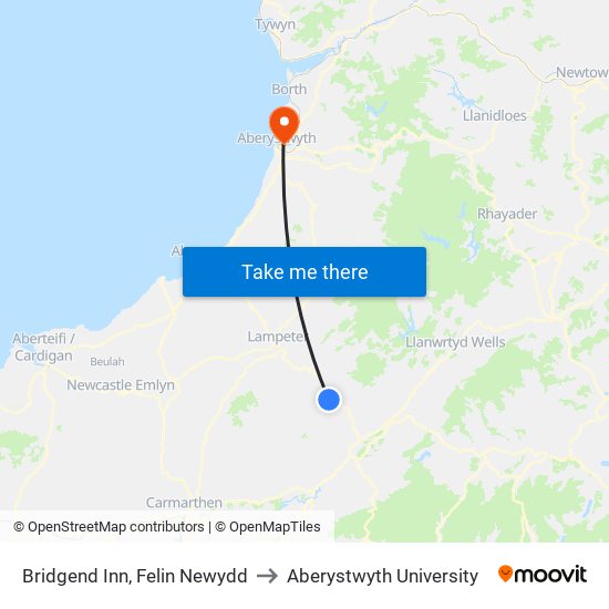 Bridgend Inn, Crug-Y-Bar to Aberystwyth University map