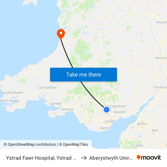 Ystrad Fawr Hospital, Ystrad Mynach to Aberystwyth University map