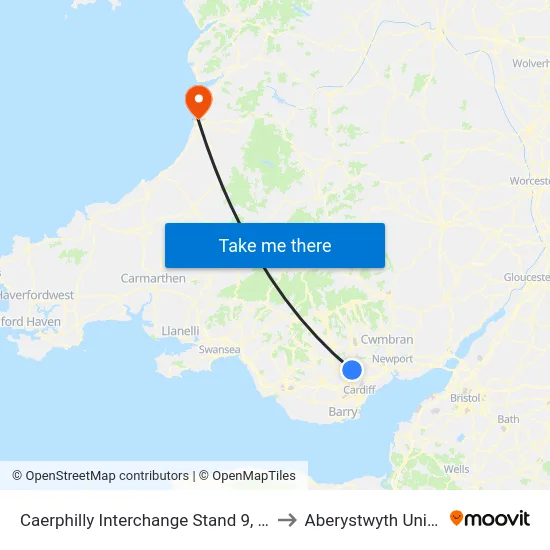 Caerphilly Interchange Stand 9, Caerphilly to Aberystwyth University map