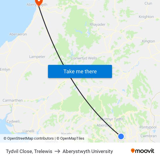 Tydvil Close, Trelewis to Aberystwyth University map