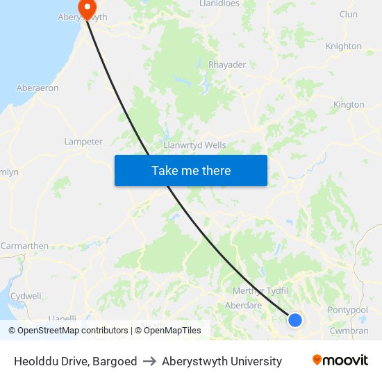 Heolddu Drive, Bargoed to Aberystwyth University map