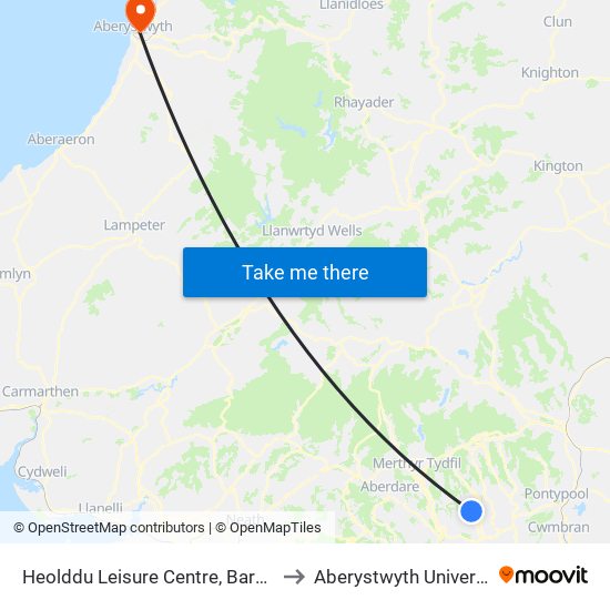 Heolddu Leisure Centre, Bargoed to Aberystwyth University map