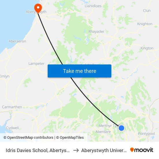 Idris Davies School, Abertysswg to Aberystwyth University map