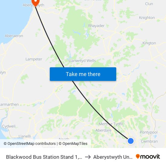 Blackwood Bus Station Stand 1, Blackwood to Aberystwyth University map