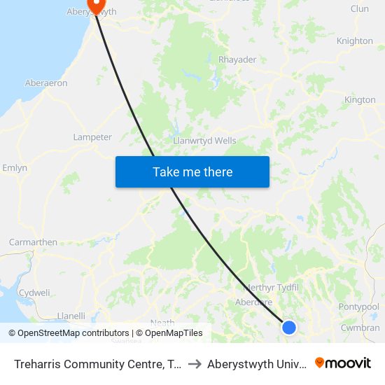 Treharris Community Centre, Treharris to Aberystwyth University map