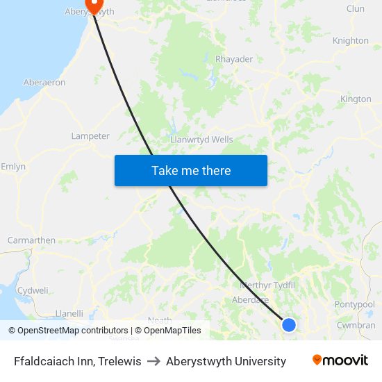 Ffaldcaiach Inn, Trelewis to Aberystwyth University map