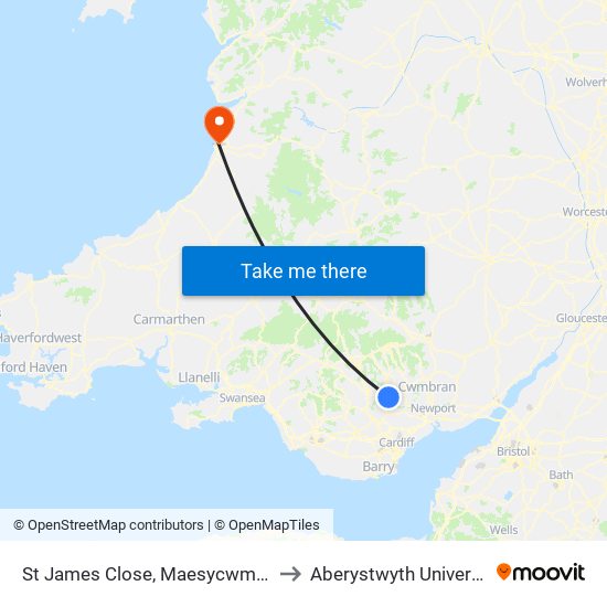 St James Close, Maesycwmmer to Aberystwyth University map