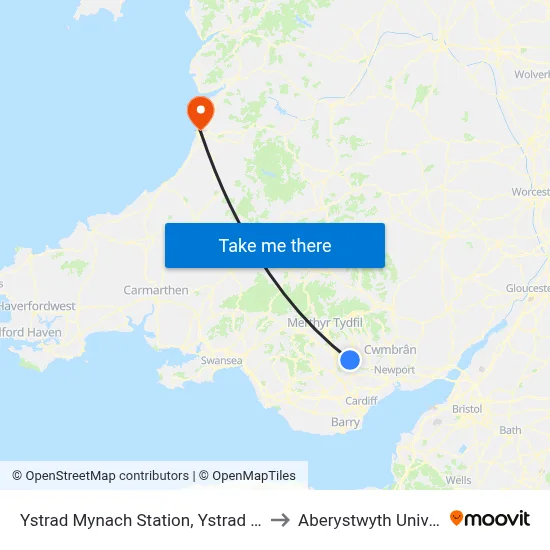 Ystrad Mynach Station, Ystrad Mynach to Aberystwyth University map