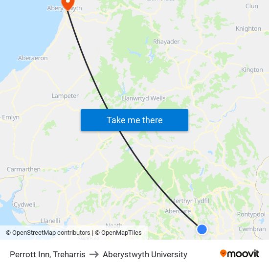 Perrott Inn, Treharris to Aberystwyth University map